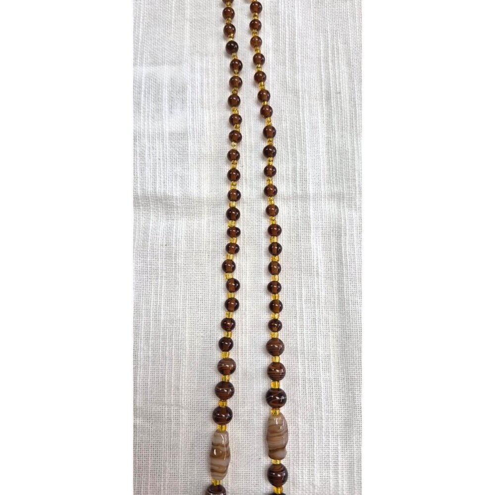Vintage Long Beaded Necklace Brown & Cream Agate-Like Beads Glass Accents & Gold - Picture 6 of 9